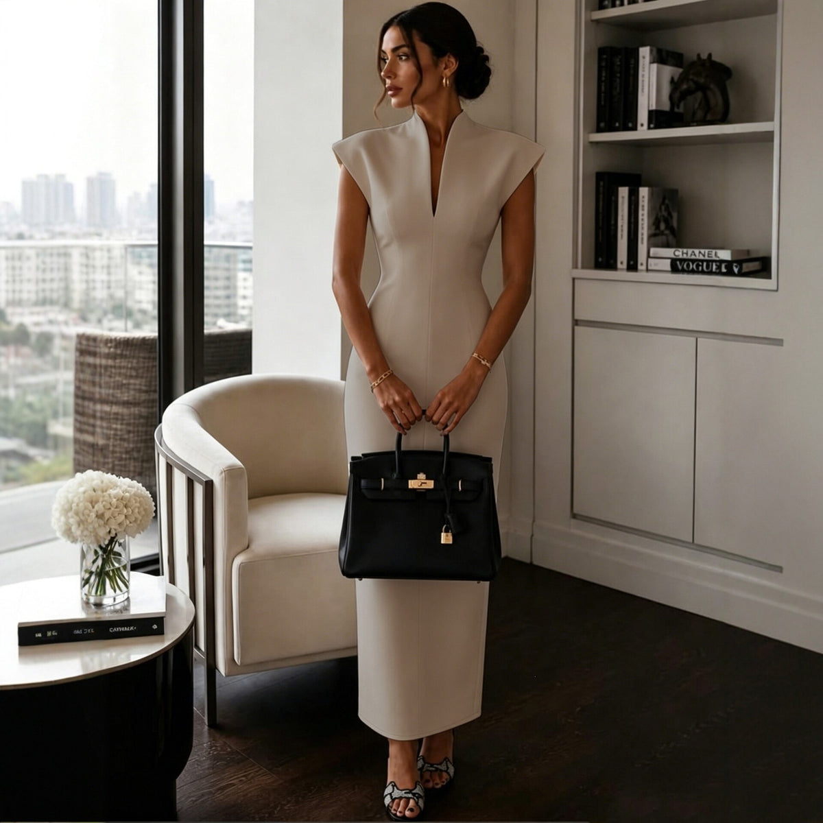 Women's Slim-Waist Bodycon Mandarin Collar Sleeveless Evening Dress Formal Midi Dress Party Wedding Guest