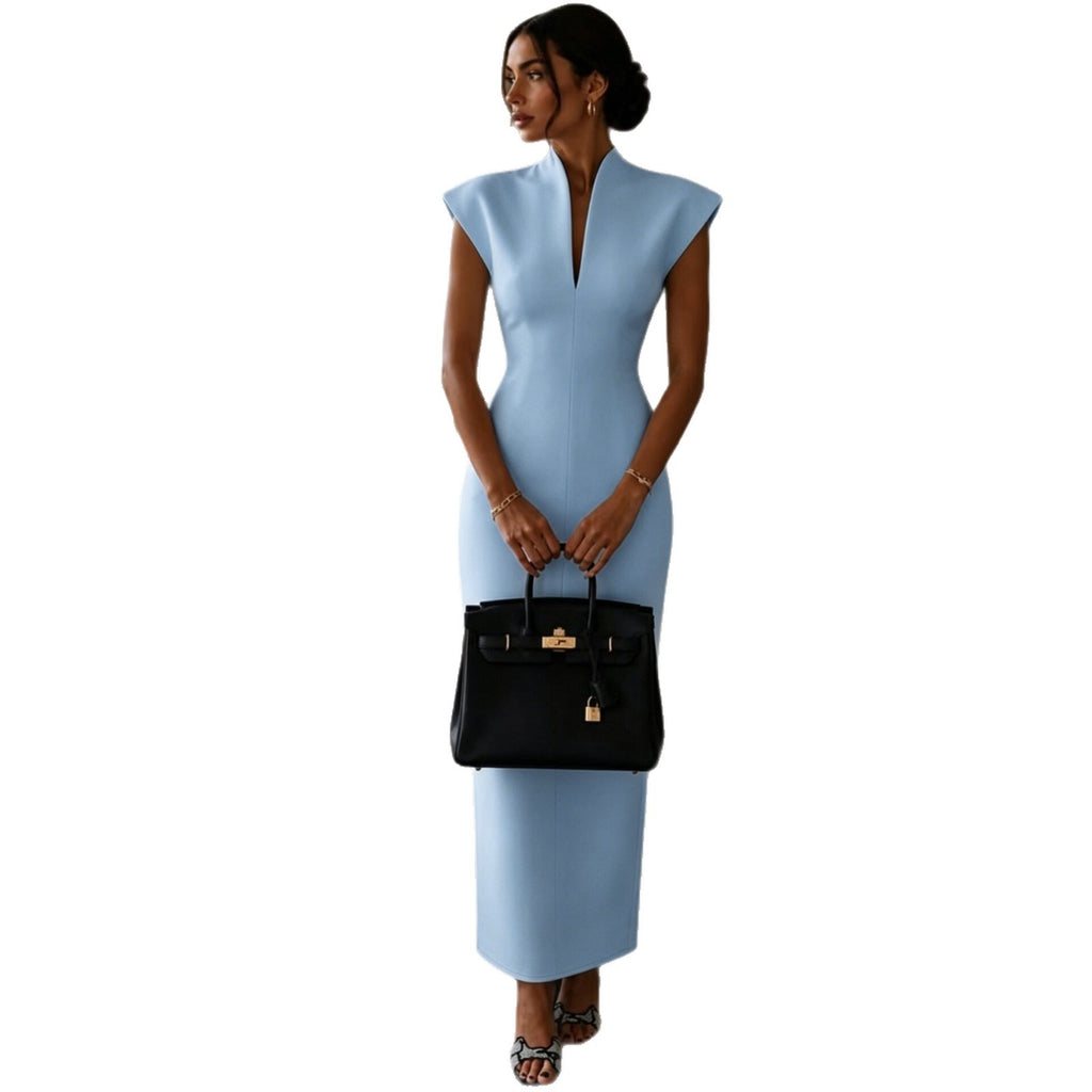 Women's Slim-Waist Bodycon Mandarin Collar Sleeveless Evening Dress Formal Midi Dress Party Wedding Guest