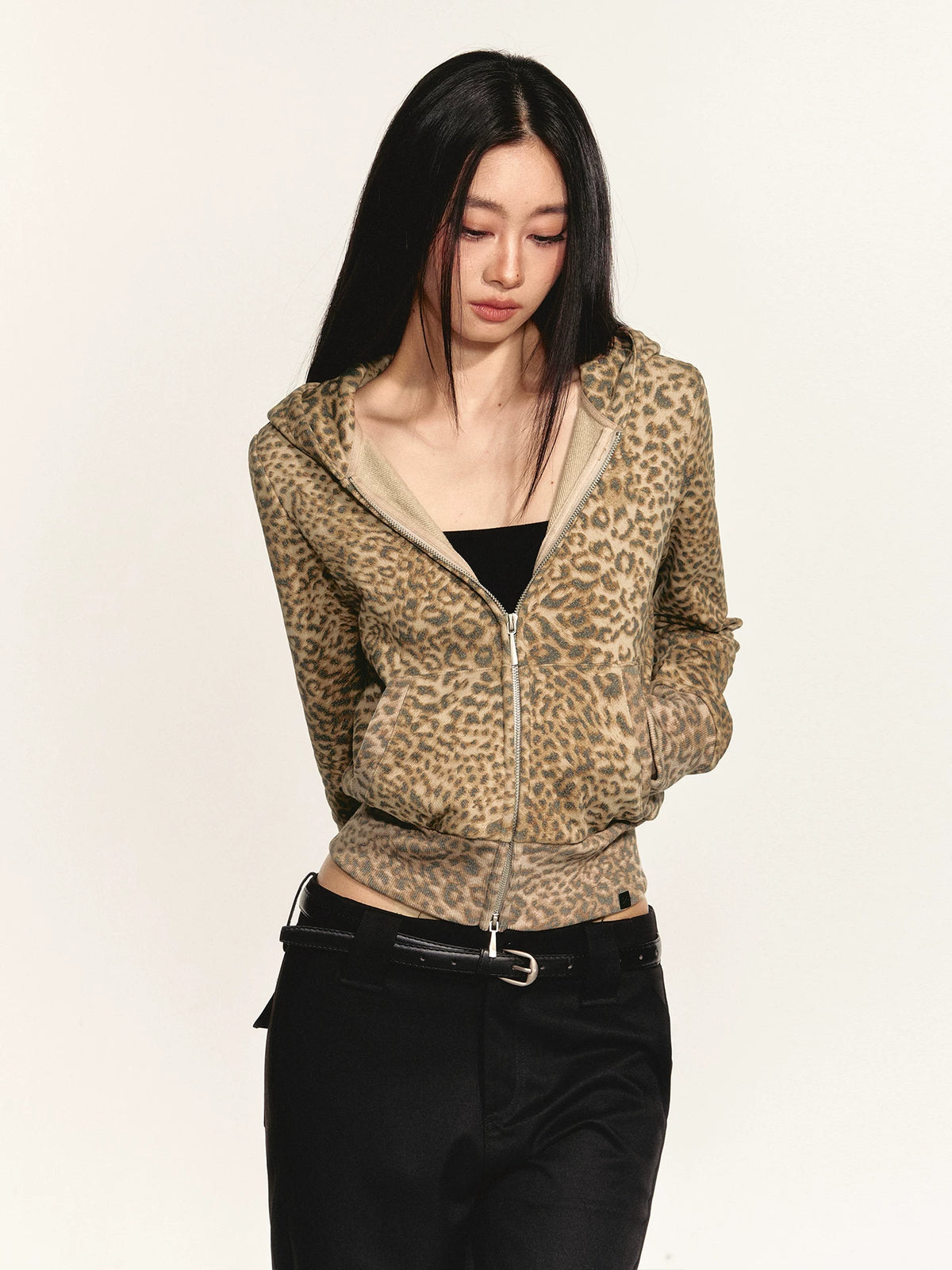 Women's Slim-Waist Slim-Fit Leopard Zip Casual Hoodie Sweatshirt for Layering in Spring Streetwear Fall Travel and Weekend Everyday