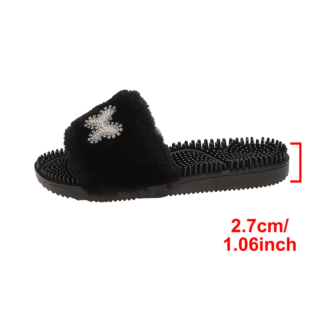Women's Indoor Plush Crystal Flat Fuzzy House Slippers Bedroom Bathroom Everyday Wear