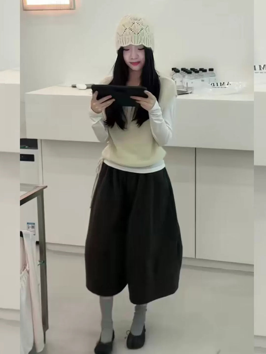 Women's Knit Workwear Long Sleeve Korean-Style Wide-Leg Pants for Office Outfits Business Casual Travel Comfort Weekend Everyday