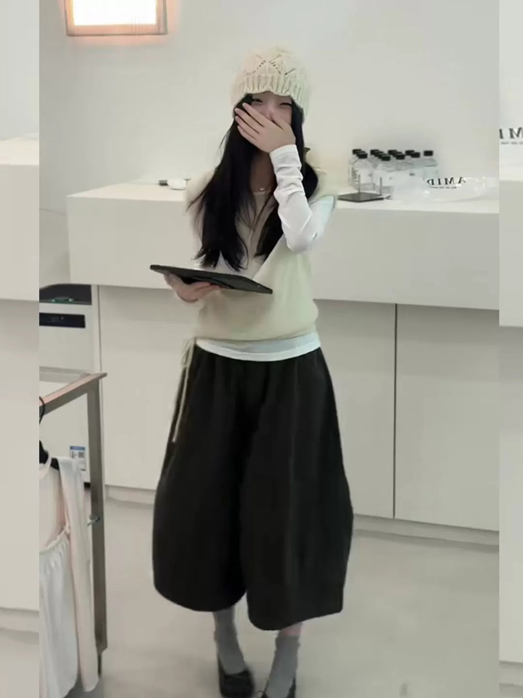 Women's Knit Workwear Long Sleeve Korean-Style Wide-Leg Pants for Office Outfits Business Casual Travel Comfort Weekend Everyday