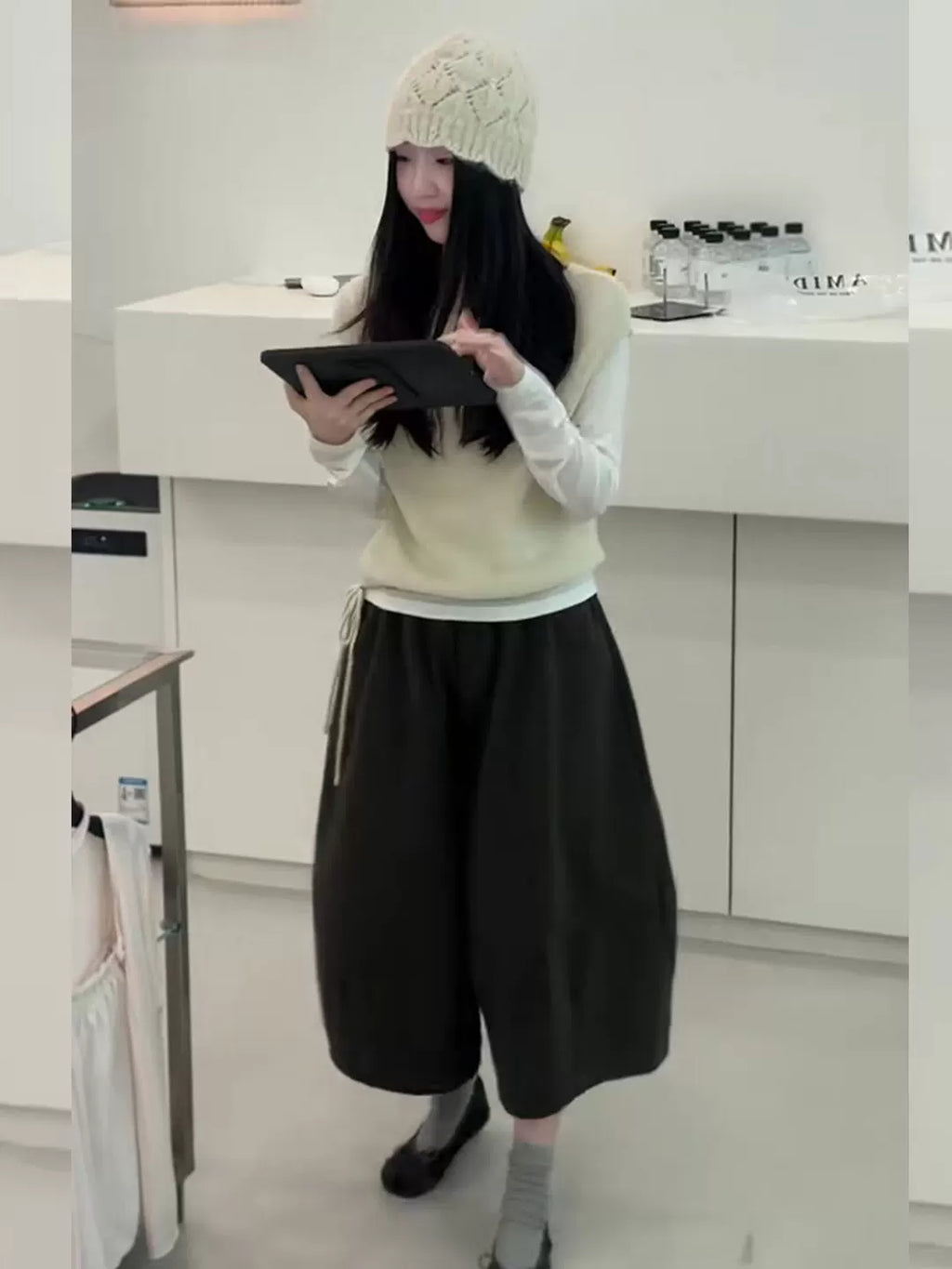 Women's Knit Workwear Long Sleeve Korean-Style Wide-Leg Pants for Office Outfits Business Casual Travel Comfort Weekend Everyday