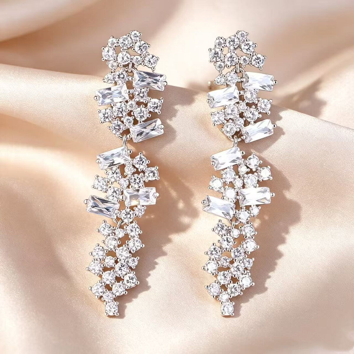 Cubic zirconia tassel stud earrings by Yoshan, detail view 2