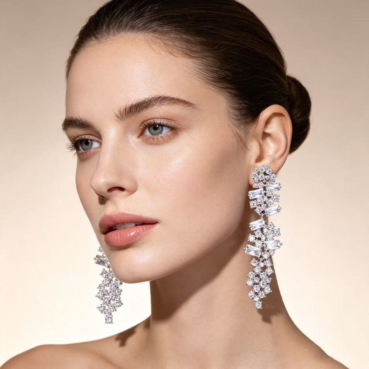 Cubic zirconia tassel stud earrings by Yoshan, detail view 5