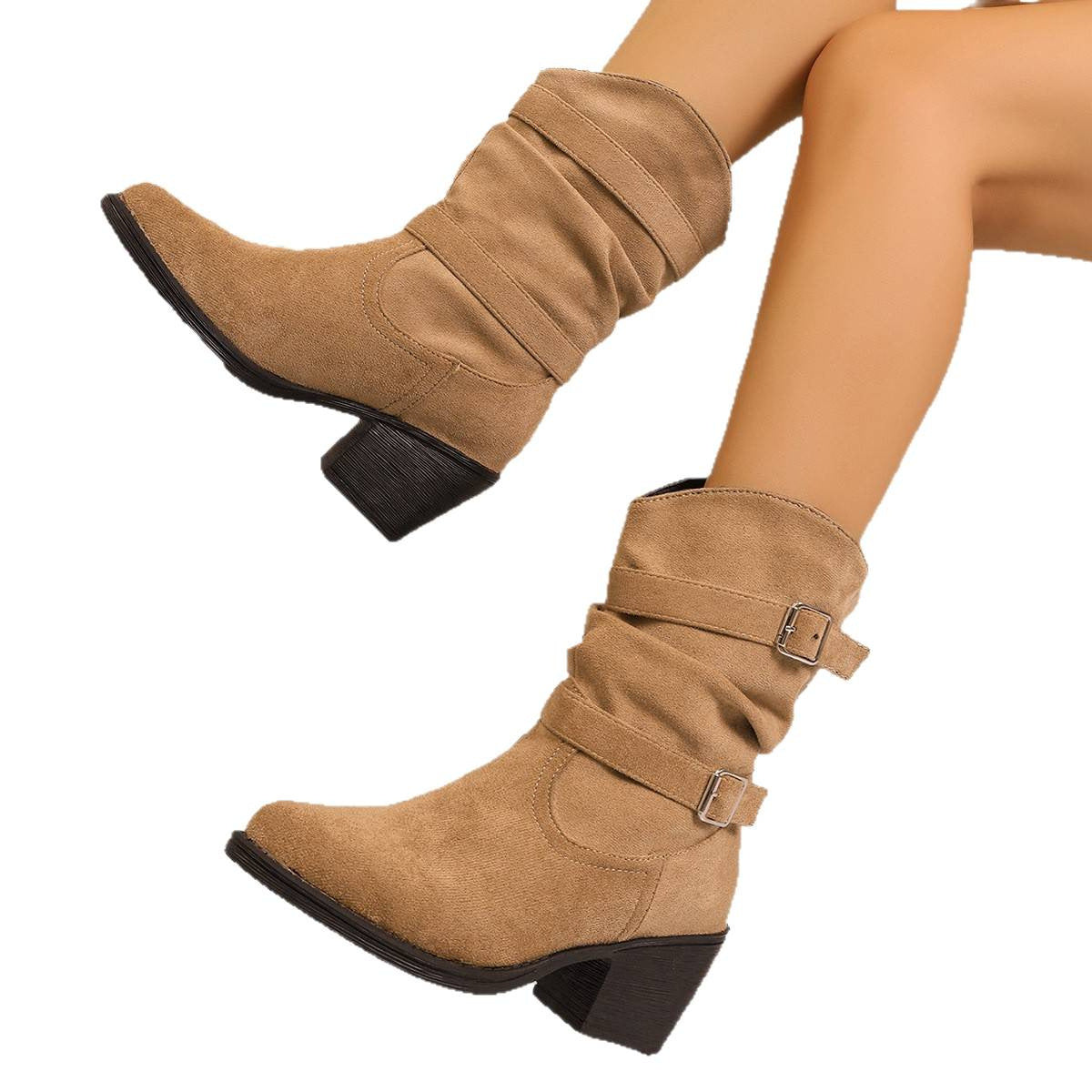 Women's Fall Winter Suede Pointed Toe Block Heel Heels