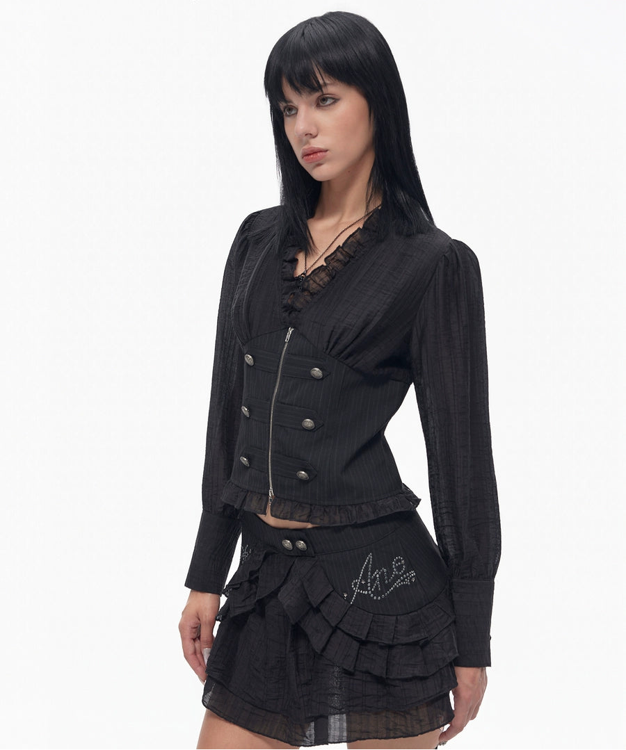 Women's Waist-Defining Slim-Waist Lace Double-Breasted Zip Waist-Cinching Dark Shirt for Office Outfits Business Casual Streetwear Weekend Everyday
