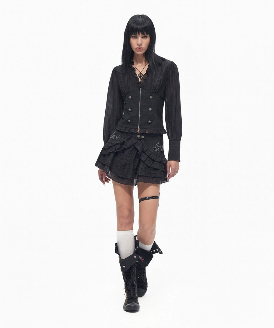 Women's Waist-Defining Slim-Waist Lace Double-Breasted Zip Waist-Cinching Dark Shirt for Office Outfits Business Casual Streetwear Weekend Everyday