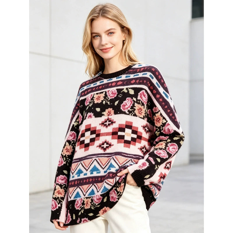 3D Print Crew-Neck Christmas Sweater for Women, Long Sleeve Cozy Holiday Knit Pullover for Parties