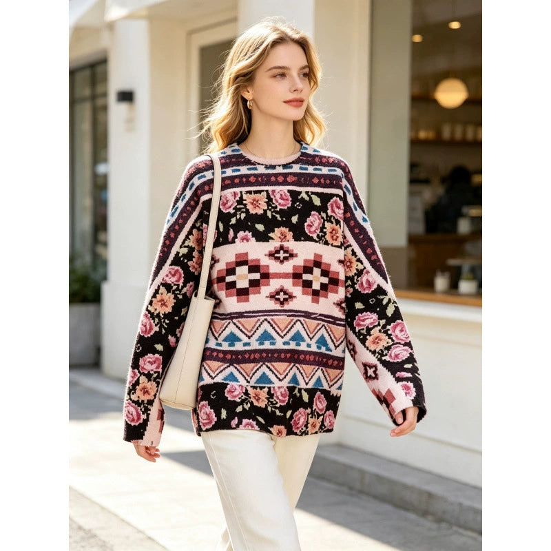 3D Print Crew-Neck Christmas Sweater for Women, Long Sleeve Cozy Holiday Knit Pullover for Parties