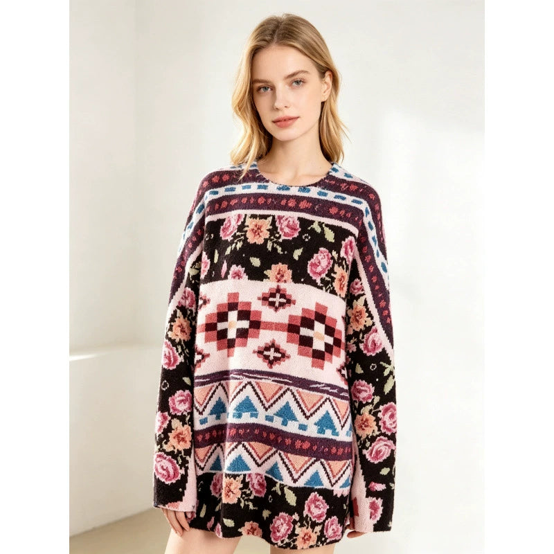 3D Print Crew-Neck Christmas Sweater for Women, Long Sleeve Cozy Holiday Knit Pullover for Parties