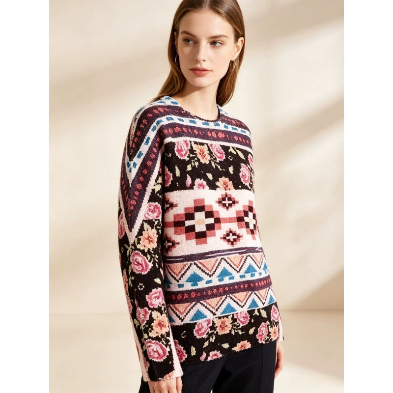 3D Print Crew-Neck Christmas Sweater for Women, Long Sleeve Cozy Holiday Knit Pullover for Parties