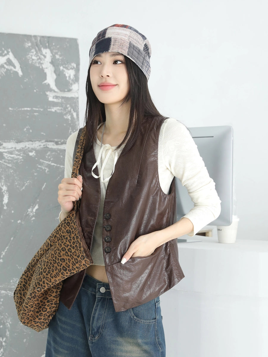 Women's Waxed V-Neck Vest Slim-Fit Leather Cropped Retro for Date Night Holiday Party Spring Summer