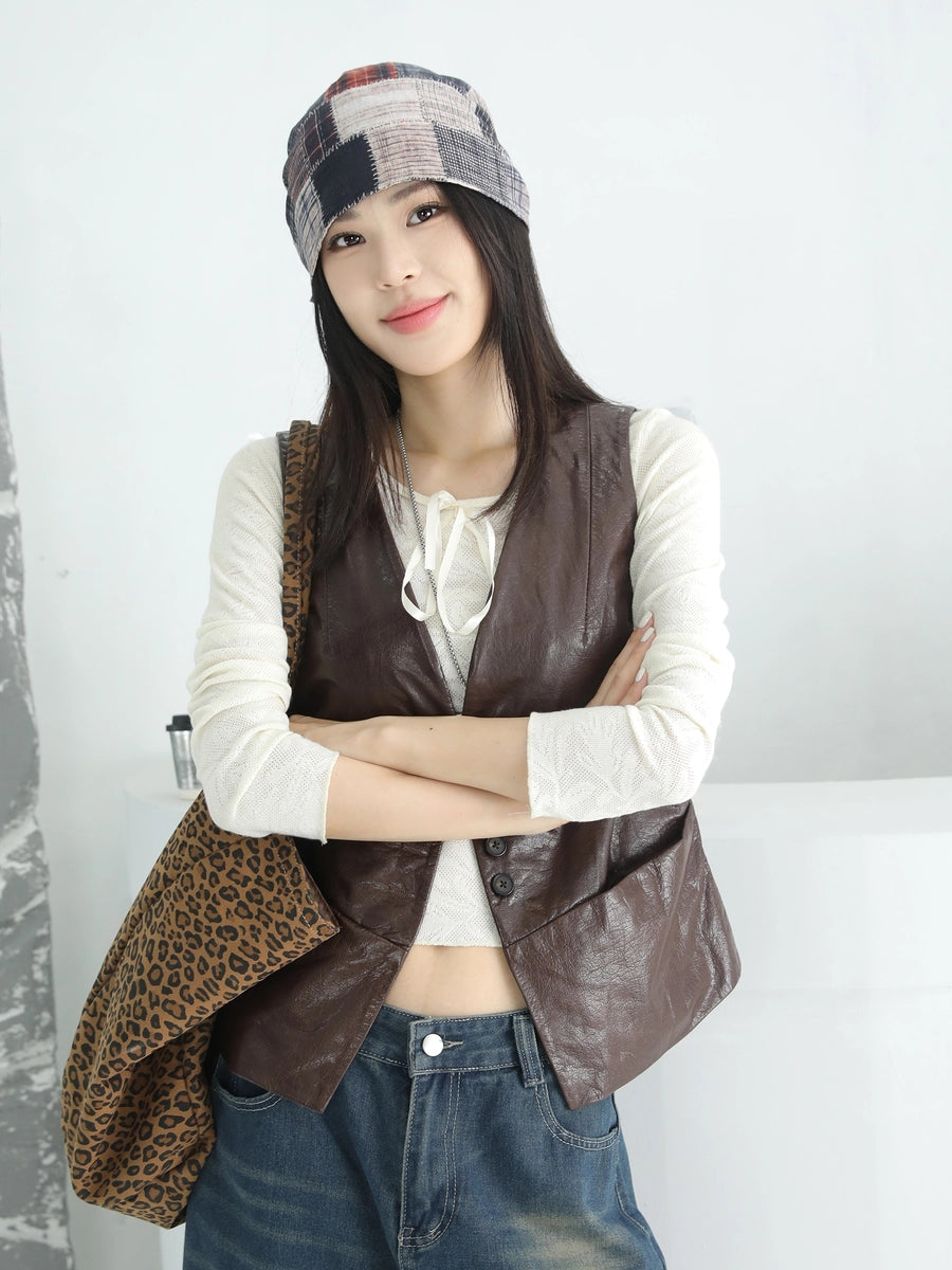 Women's Waxed V-Neck Vest Slim-Fit Leather Cropped Retro for Date Night Holiday Party Spring Summer