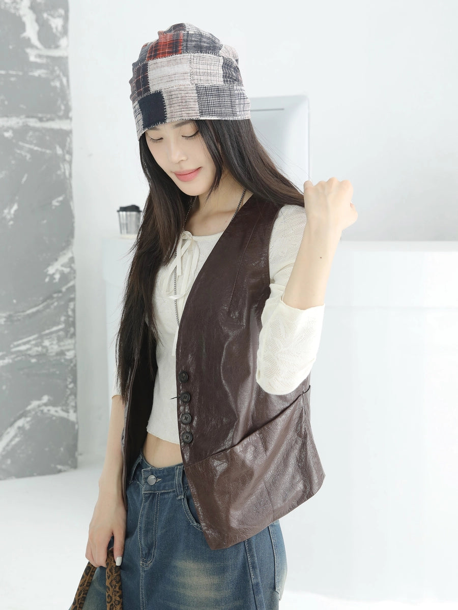 Women's Waxed V-Neck Vest Slim-Fit Leather Cropped Retro for Date Night Holiday Party Spring Summer
