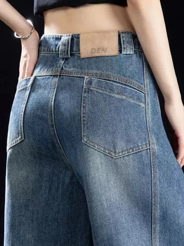 Women's Fall Winter Straight High-Waist Petite Oversized Wide-Leg Jeans for Casual Outfits Everyday Office Weekend Date Night