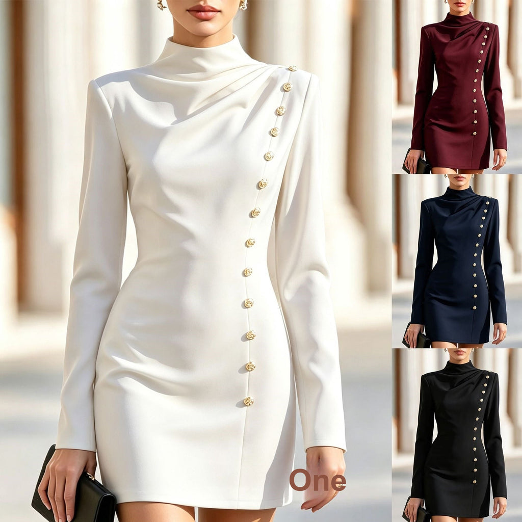 Women's Mock Neck Metal Long Sleeve Evening Dress Formal Midi Dress Party Wedding Guest Dress