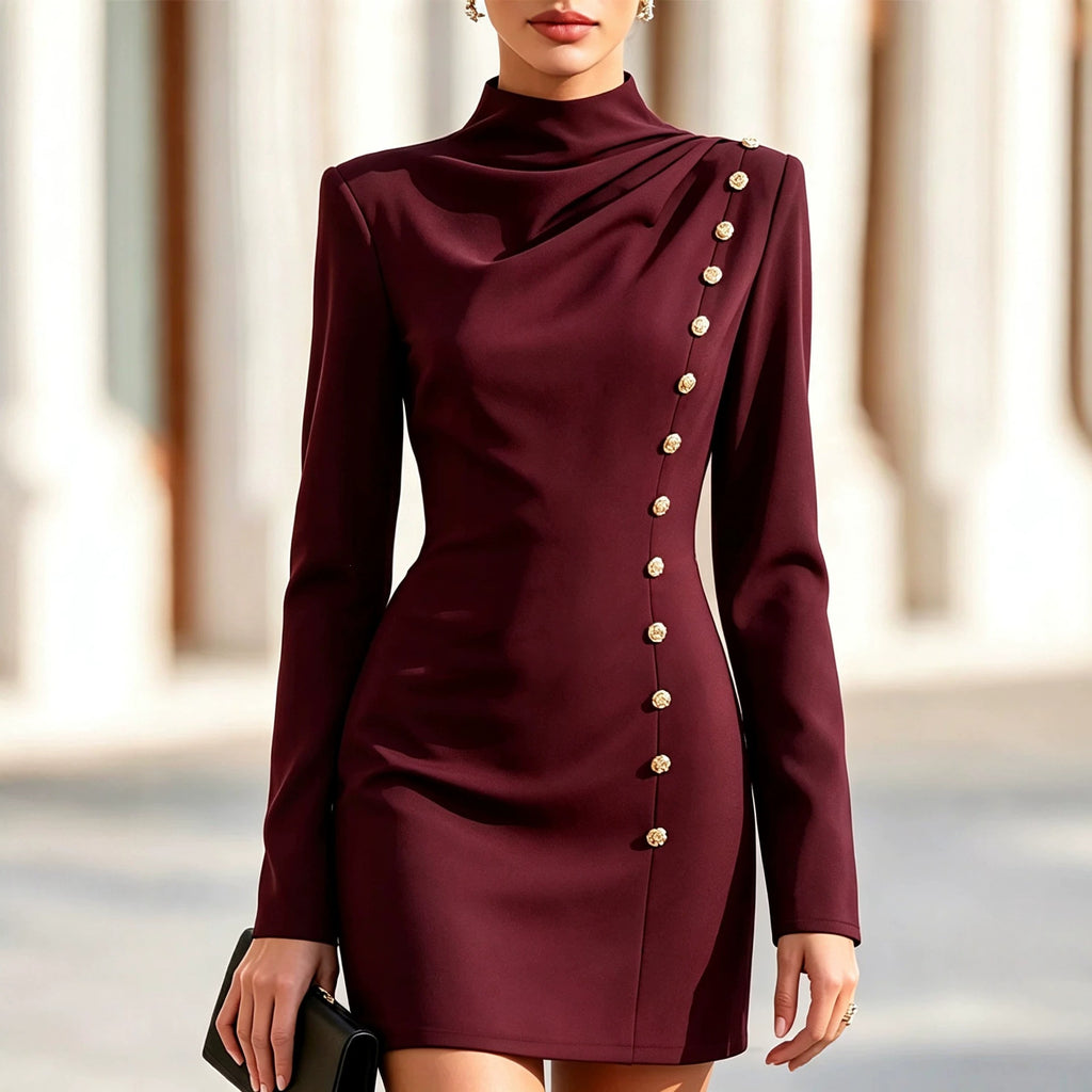 Women's Mock Neck Metal Long Sleeve Evening Dress Formal Midi Dress Party Wedding Guest Dress