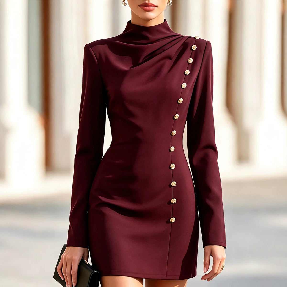 Women's Mock Neck Metal Long Sleeve Evening Dress Formal Midi Dress Party Wedding Guest Dress