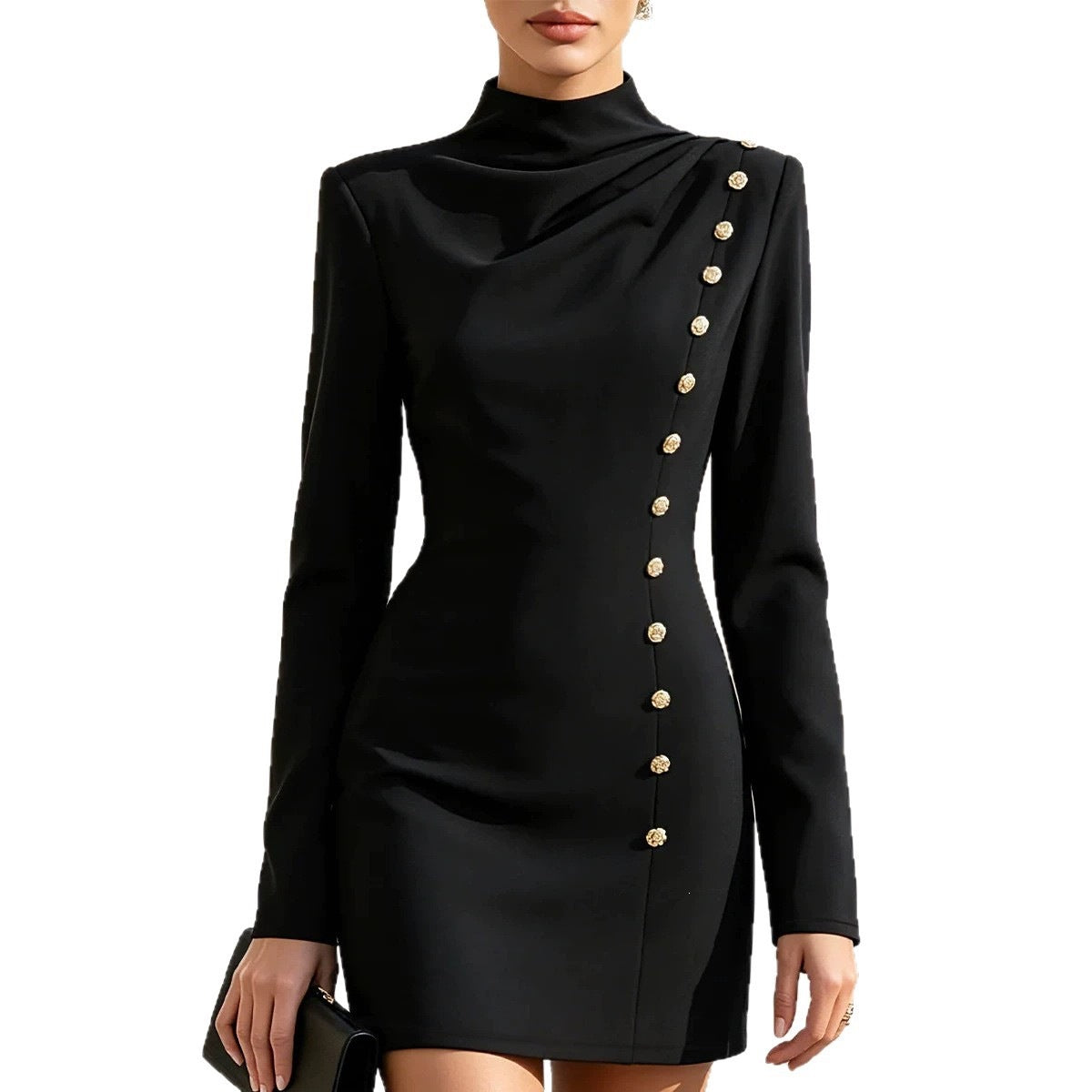 Women's Mock Neck Metal Long Sleeve Evening Dress Formal Midi Dress Party Wedding Guest Dress