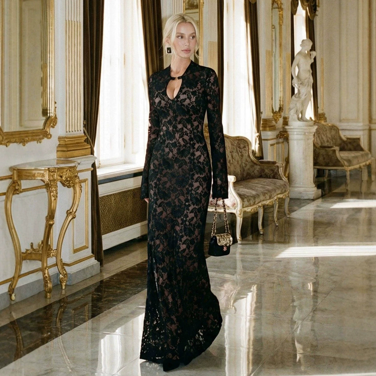 Black Lace Column Evening Dress, Elegant Fitted Straight Long Gown for Women