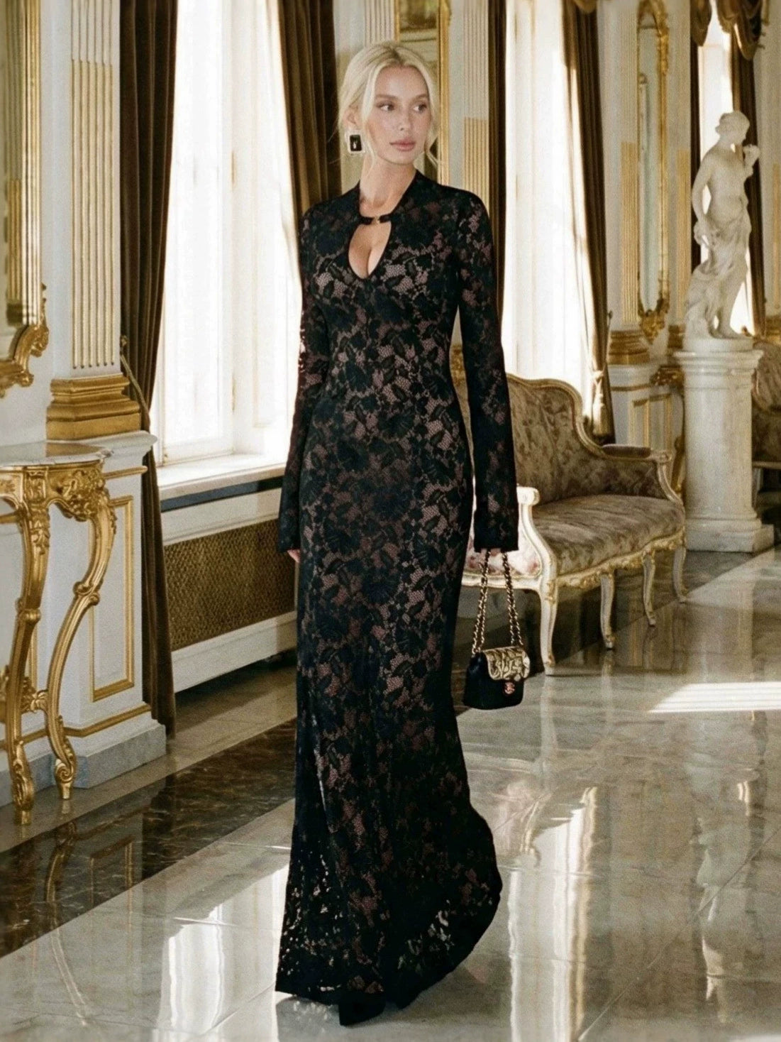 Black Lace Column Evening Dress, Elegant Fitted Straight Long Gown for Women