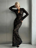 Black Lace Column Evening Dress, Elegant Fitted Straight Long Gown for Women