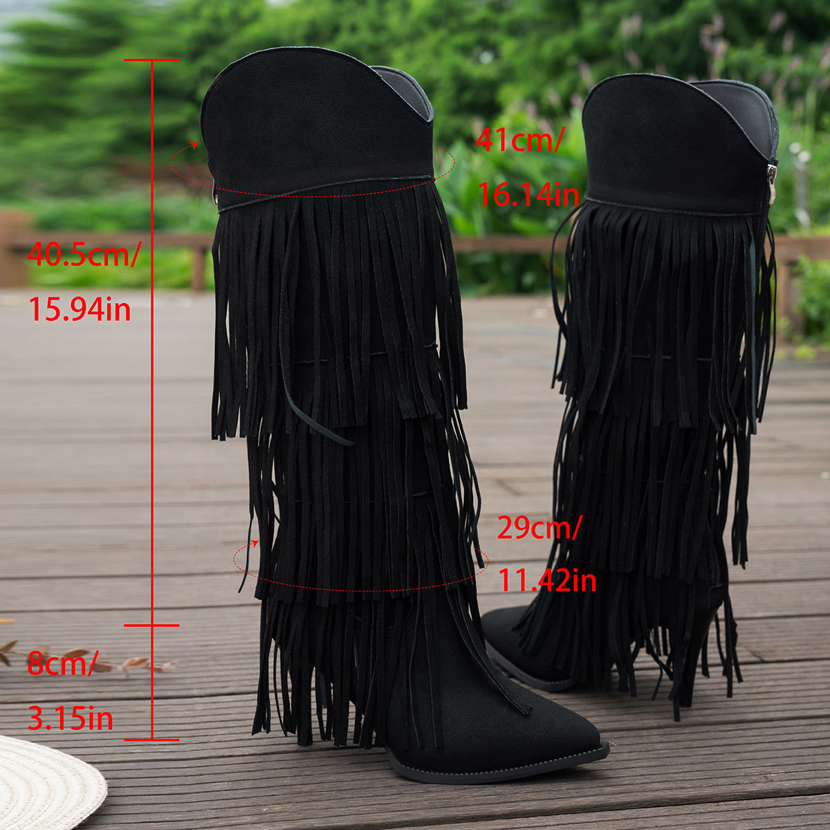 Women's Tassel Western Cowboy Fall Winter Pointed Toe Block Heel Plus Size Slip-On Tall Riding Boots