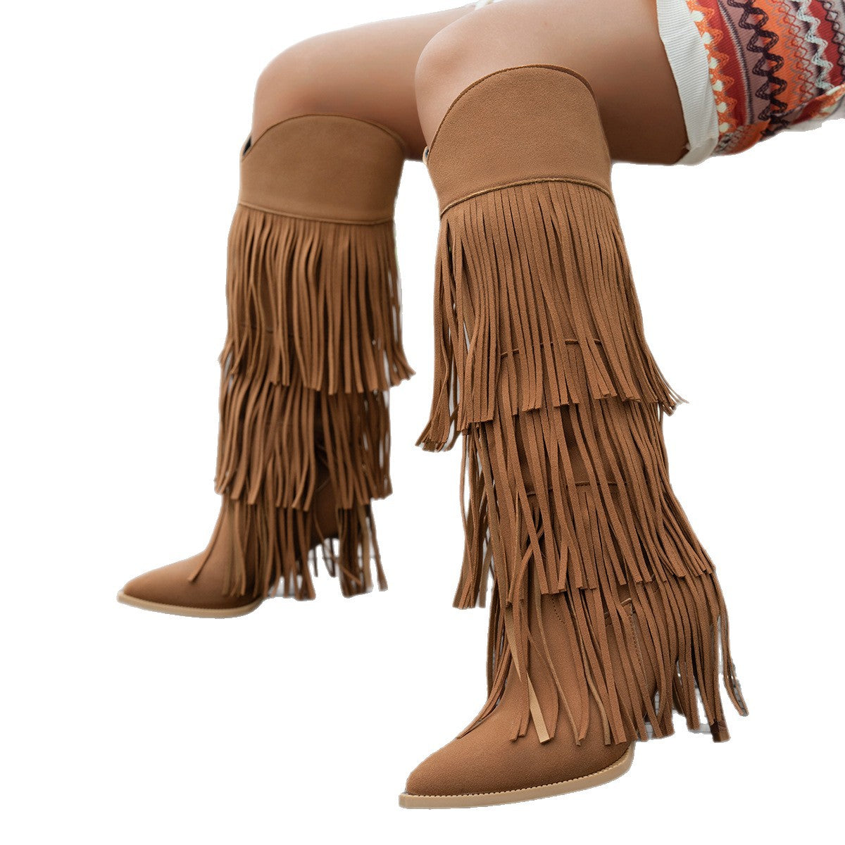 Women's Tassel Western Cowboy Fall Winter Pointed Toe Block Heel Plus Size Slip-On Tall Riding Boots