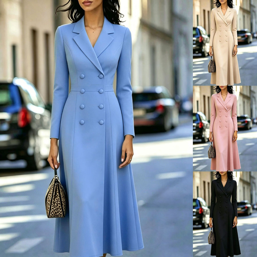 Women's Slim-Waist Double-Breasted Flare Dress Party Evening Outfit Casual