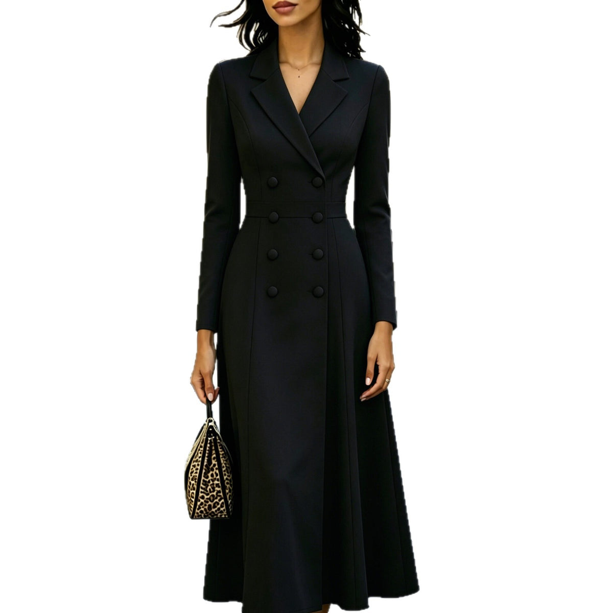 Women's Slim-Waist Double-Breasted Flare Dress Party Evening Outfit Casual