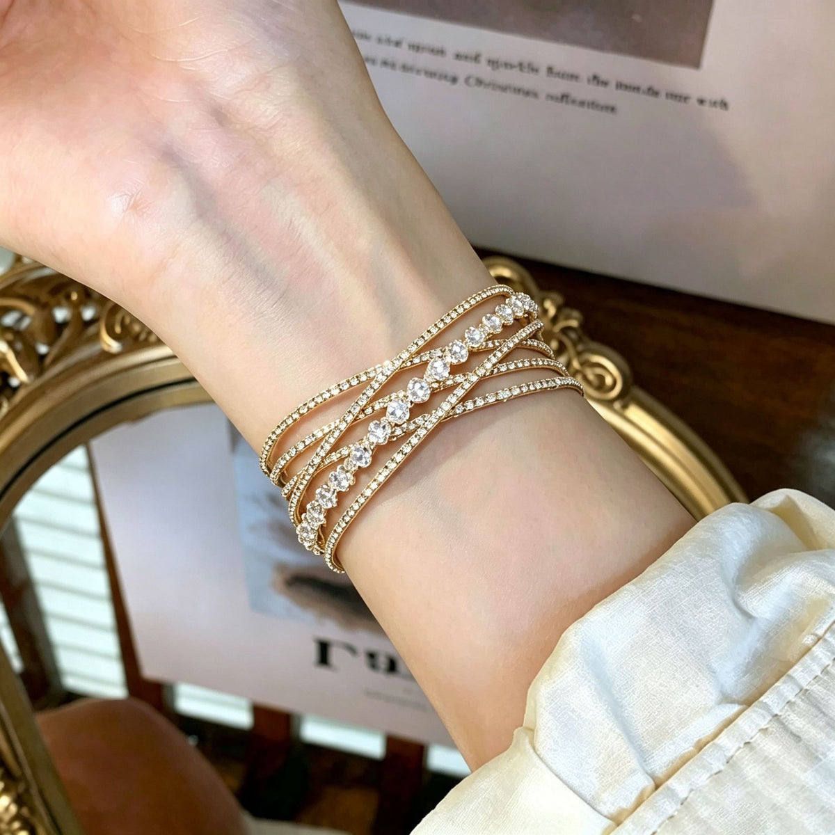Cubic zirconia cuff bracelet by Yoshan, detail view 3