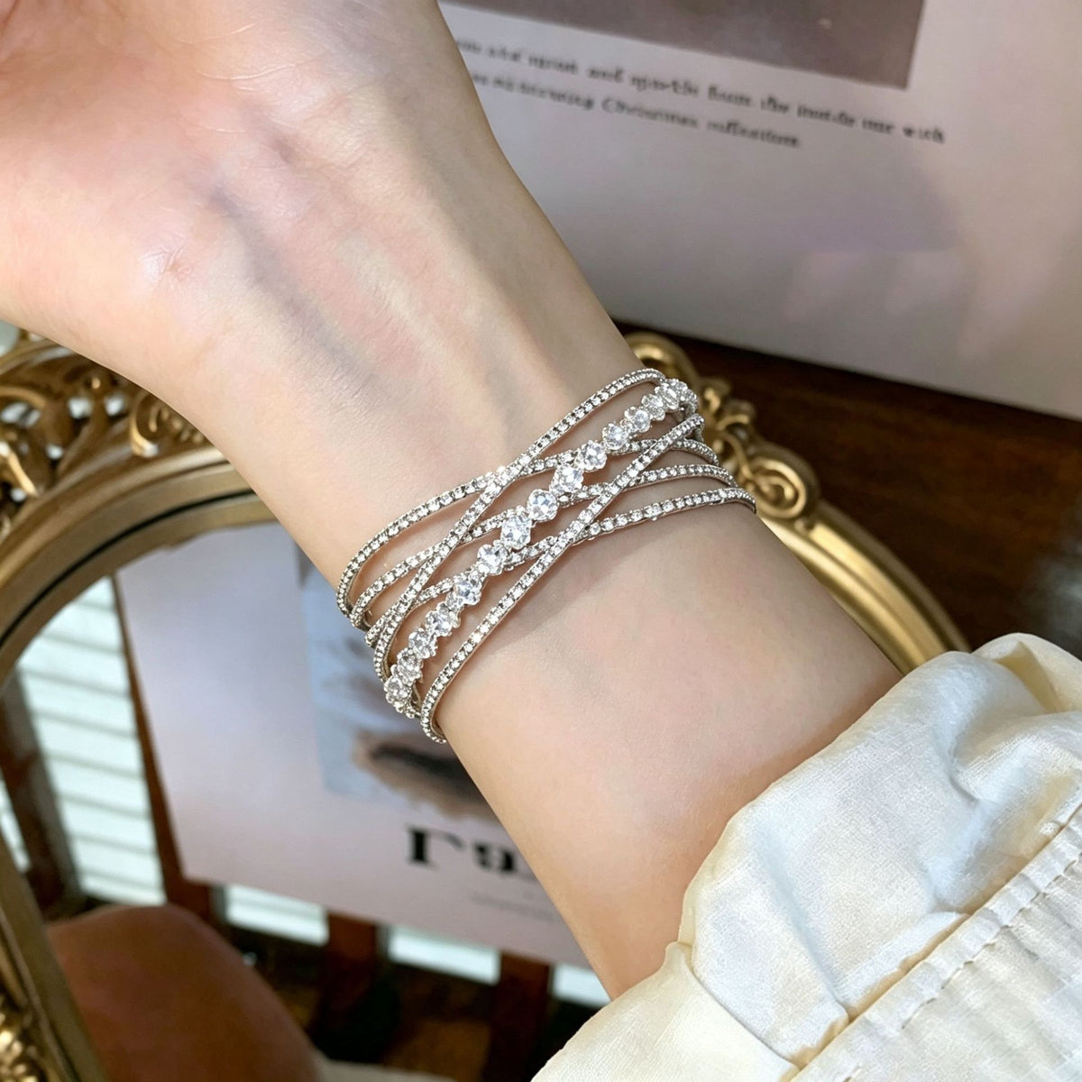 Cubic zirconia cuff bracelet by Yoshan, detail view 4