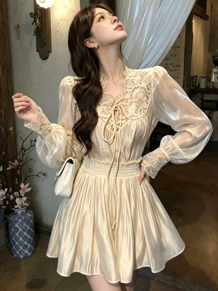 Women's Lace Satin High-waist Slim-fit Long Sleeve Two-piece Set for Office Workwear Wedding Guest Business Casual Slimming Travel Weekend At Home