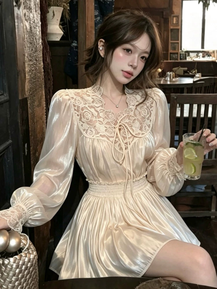 Women's Lace Satin High-waist Slim-fit Long Sleeve Two-piece Set for Office Workwear Wedding Guest Business Casual Slimming Travel Weekend At Home
