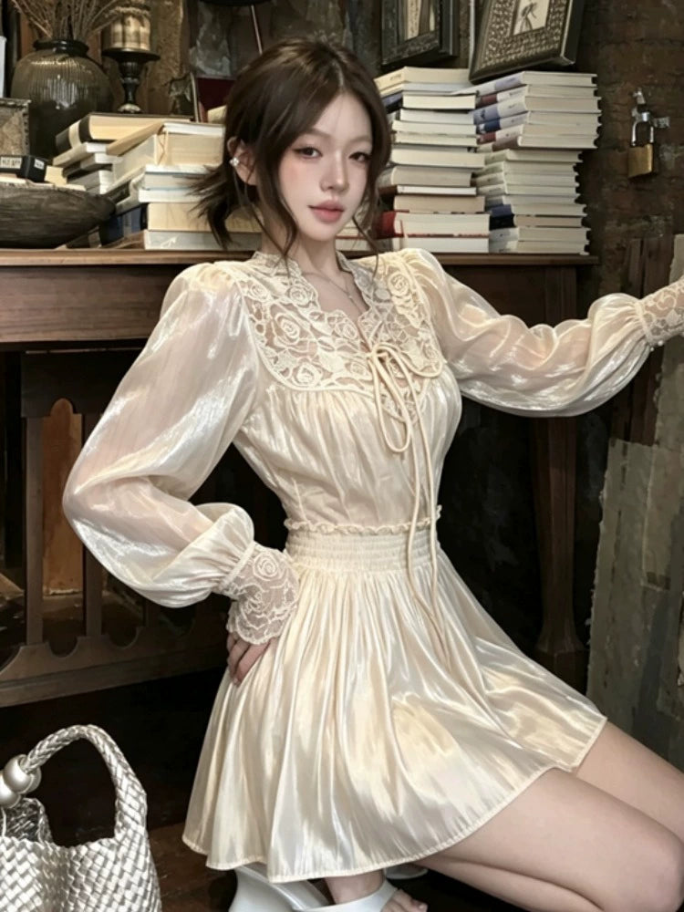 Women's Lace Satin High-waist Slim-fit Long Sleeve Two-piece Set for Office Workwear Wedding Guest Business Casual Slimming Travel Weekend At Home