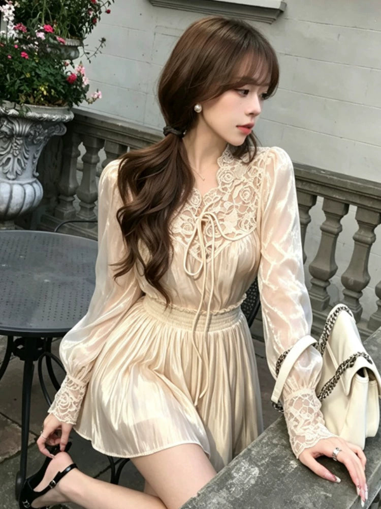 Women's Lace Satin High-waist Slim-fit Long Sleeve Two-piece Set for Office Workwear Wedding Guest Business Casual Slimming Travel Weekend At Home