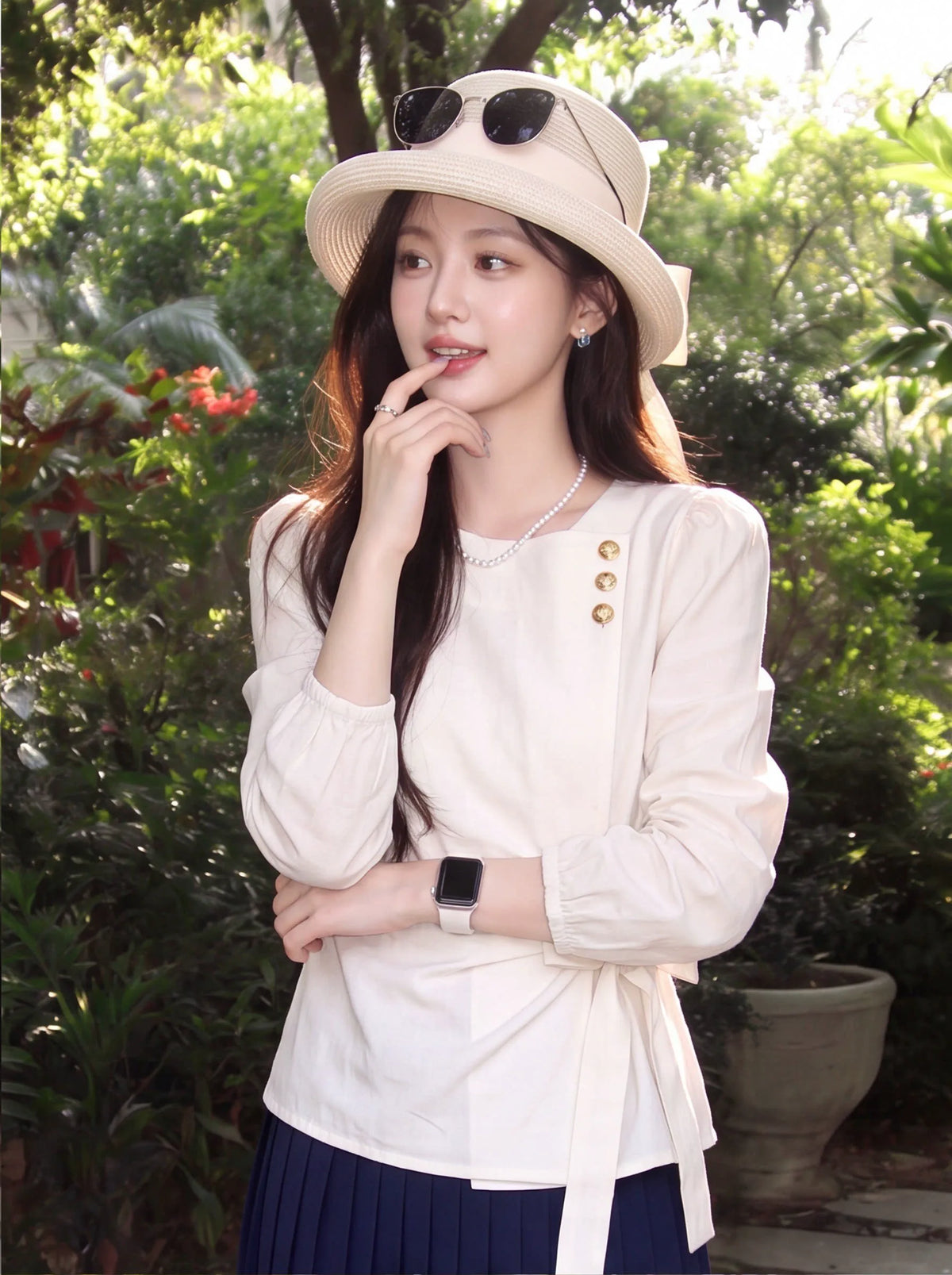 Women's Slim-waist White Slim-fit Long Sleeve Lace-up French-inspired Shirt for Office Outfits Business Casual Streetwear Slimming Weekend Everyday