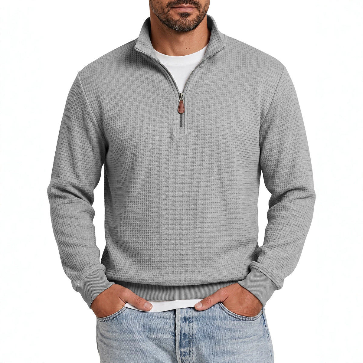 Men's Half-Zip Knit Mandarin Collar Long Sleeve Casual Hoodie Sweatshirt Pullover