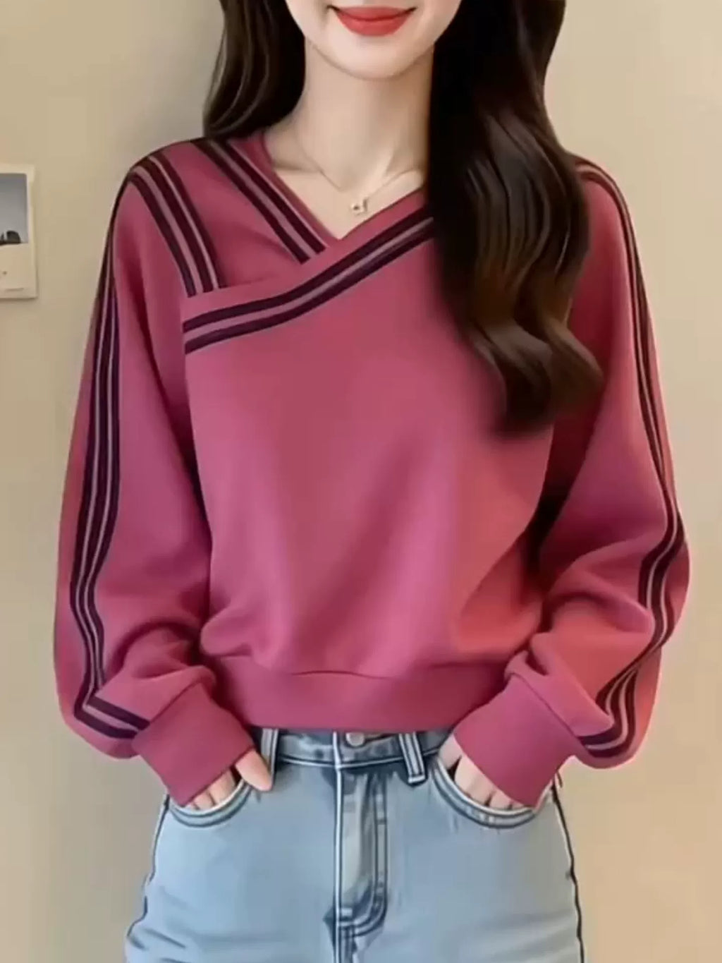 Women's V-neck Striped Office Oversized Slim-fit Long Sleeve Workwear Hoodie Sweatshirt for Casual Streetwear Fall Travel and Weekend Slimming Everyday