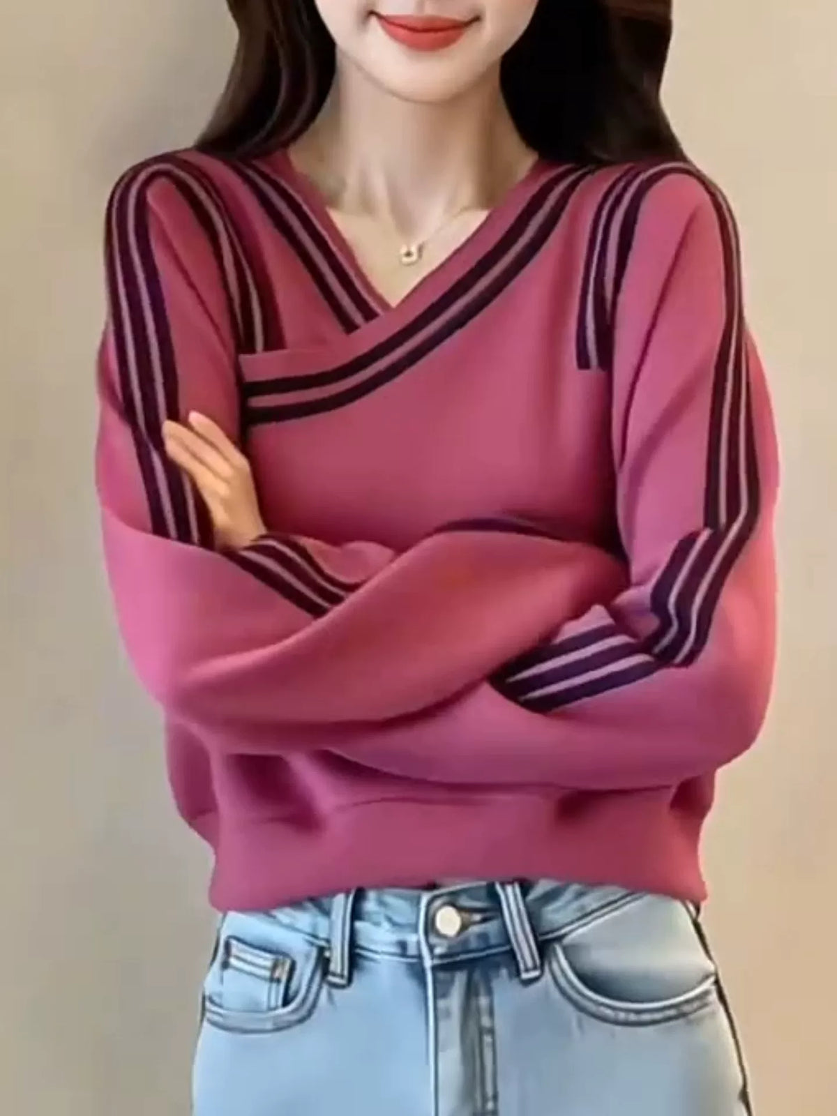 Women's V-neck Striped Office Oversized Slim-fit Long Sleeve Workwear Hoodie Sweatshirt for Casual Streetwear Fall Travel and Weekend Slimming Everyday