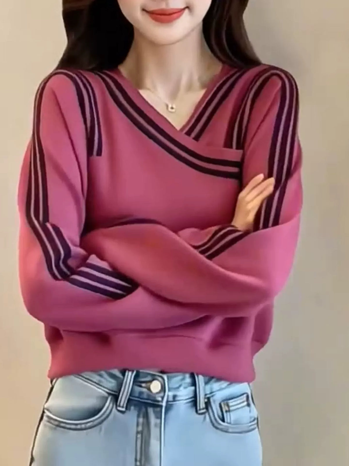 Women's V-neck Striped Office Oversized Slim-fit Long Sleeve Workwear Hoodie Sweatshirt for Casual Streetwear Fall Travel and Weekend Slimming Everyday
