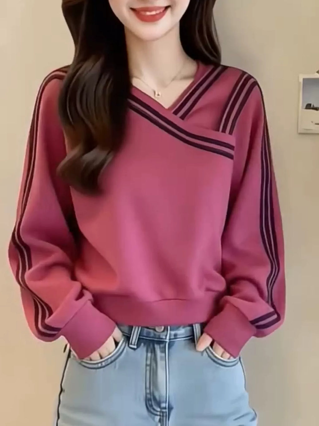 Women's V-neck Striped Office Oversized Slim-fit Long Sleeve Workwear Hoodie Sweatshirt for Casual Streetwear Fall Travel and Weekend Slimming Everyday