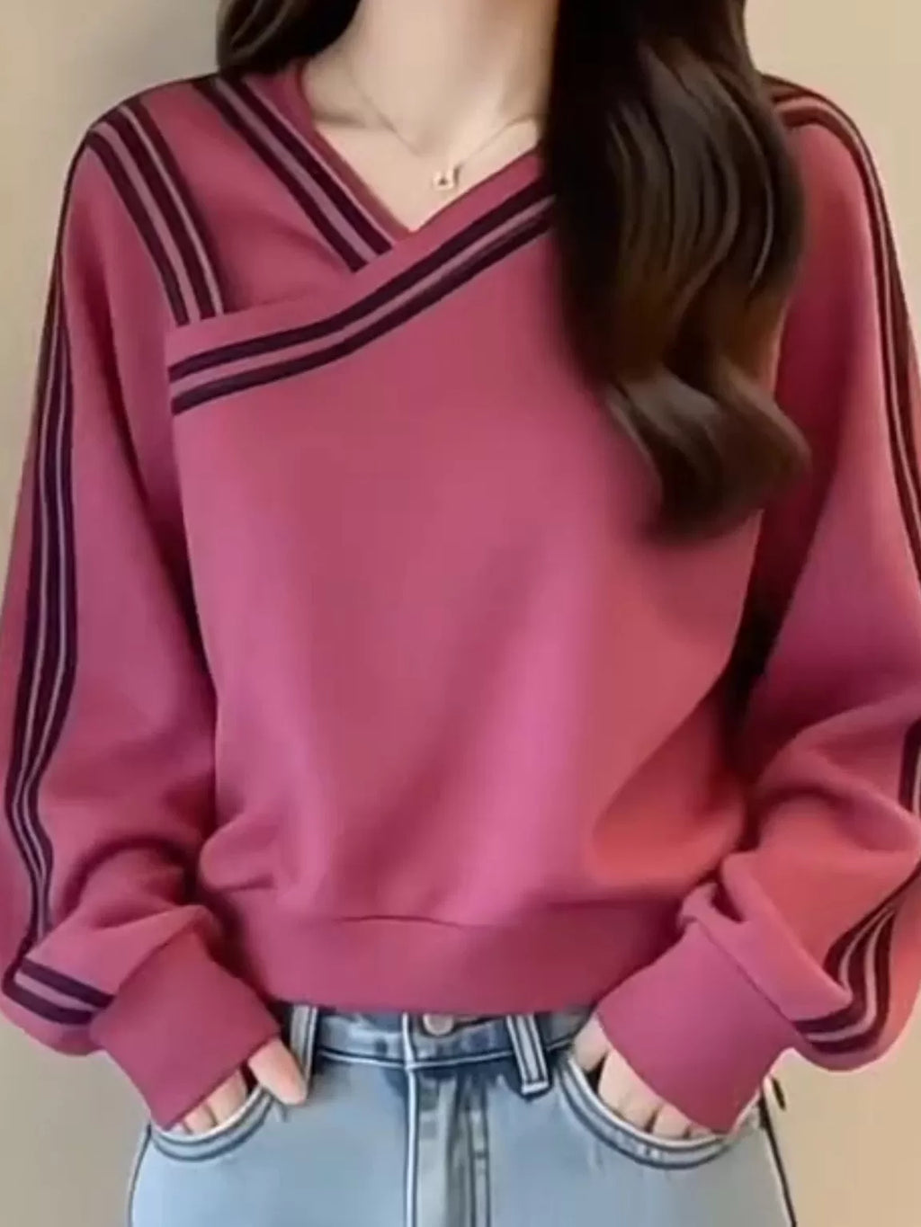 Women's V-neck Striped Office Oversized Slim-fit Long Sleeve Workwear Hoodie Sweatshirt for Casual Streetwear Fall Travel and Weekend Slimming Everyday