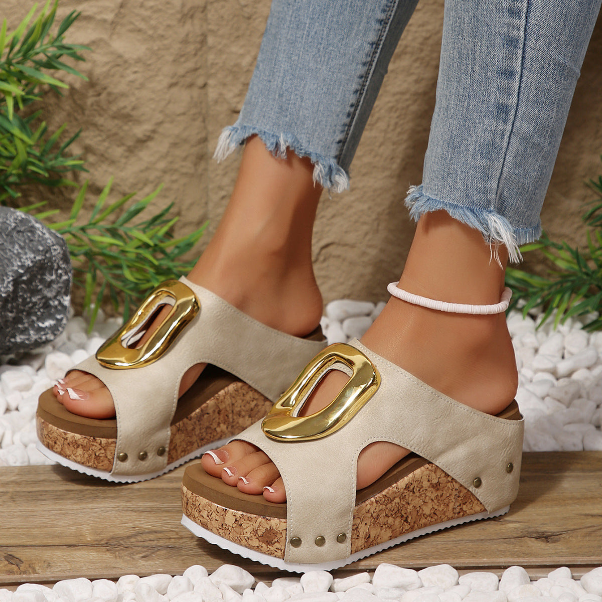 Women's Metal Chunky Sole Wedge Plus Size Beach Slide Slippers Indoor Outdoor Slides