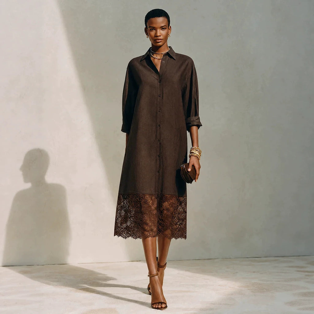 Women's Lace Lapel Oversized Casual Button Shirt Office Blouse
