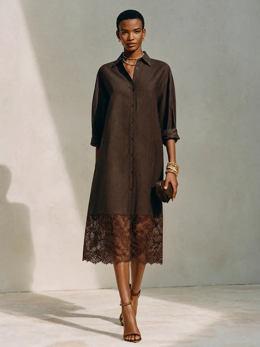 Women's Lace Lapel Oversized Casual Button Shirt Office Blouse