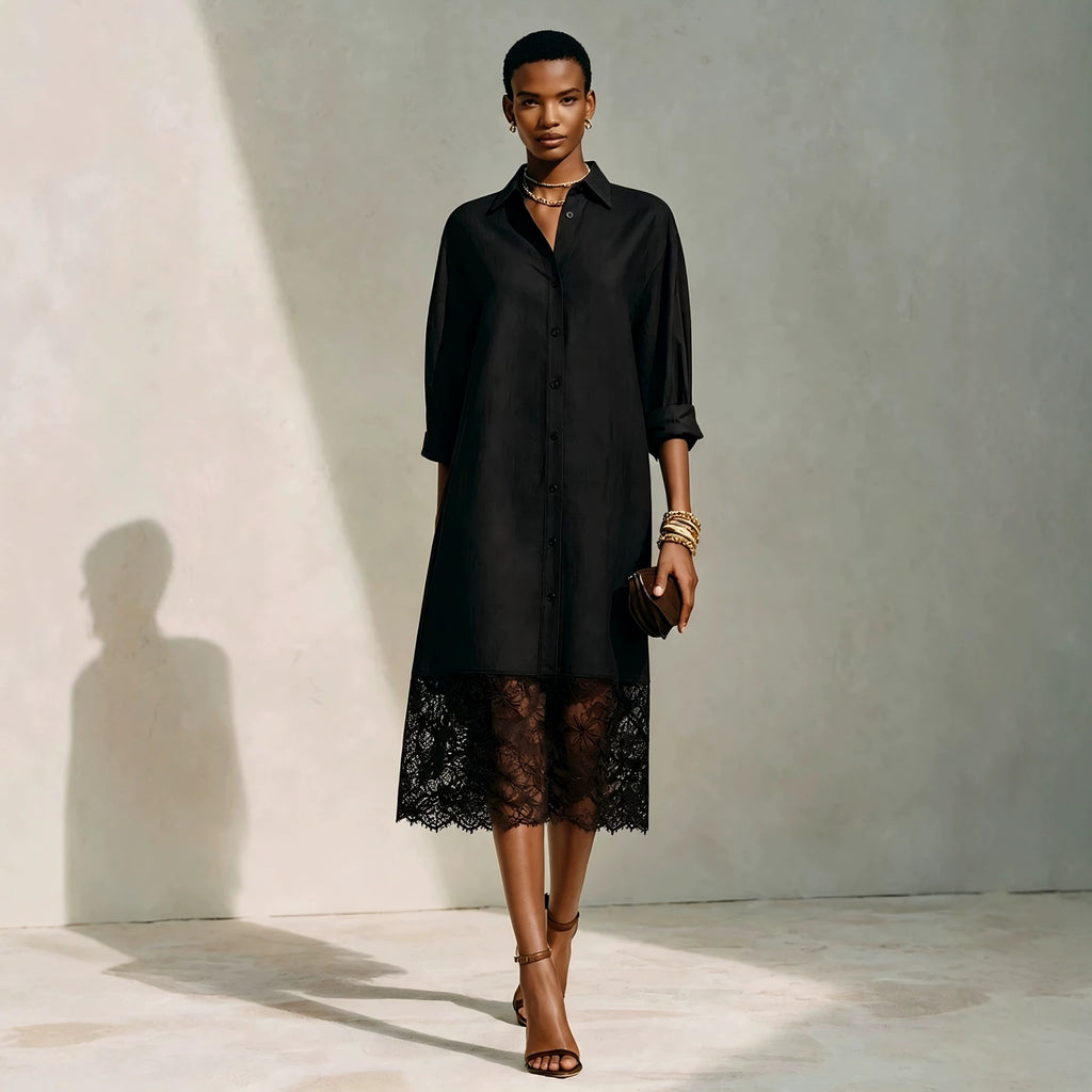 Women's Lace Lapel Oversized Casual Button Shirt Office Blouse