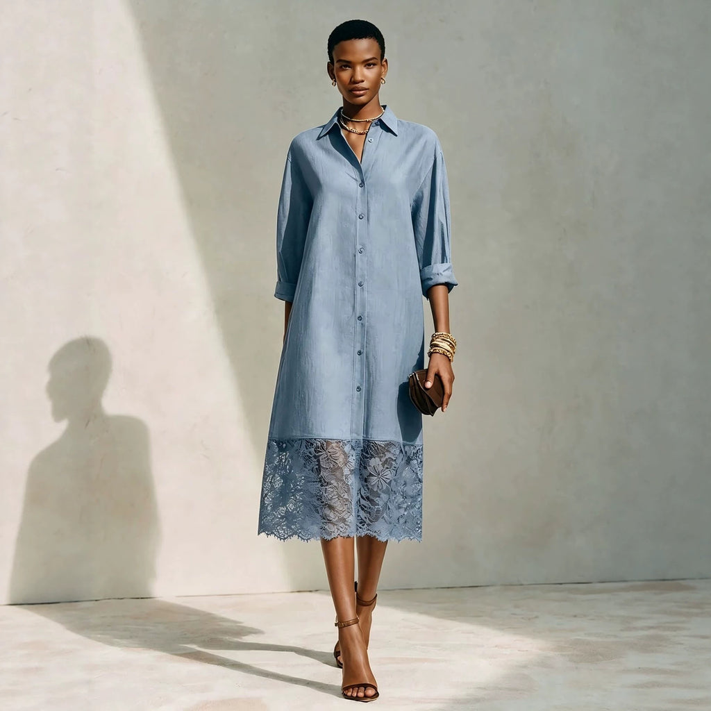Women's Lace Lapel Oversized Casual Button Shirt Office Blouse