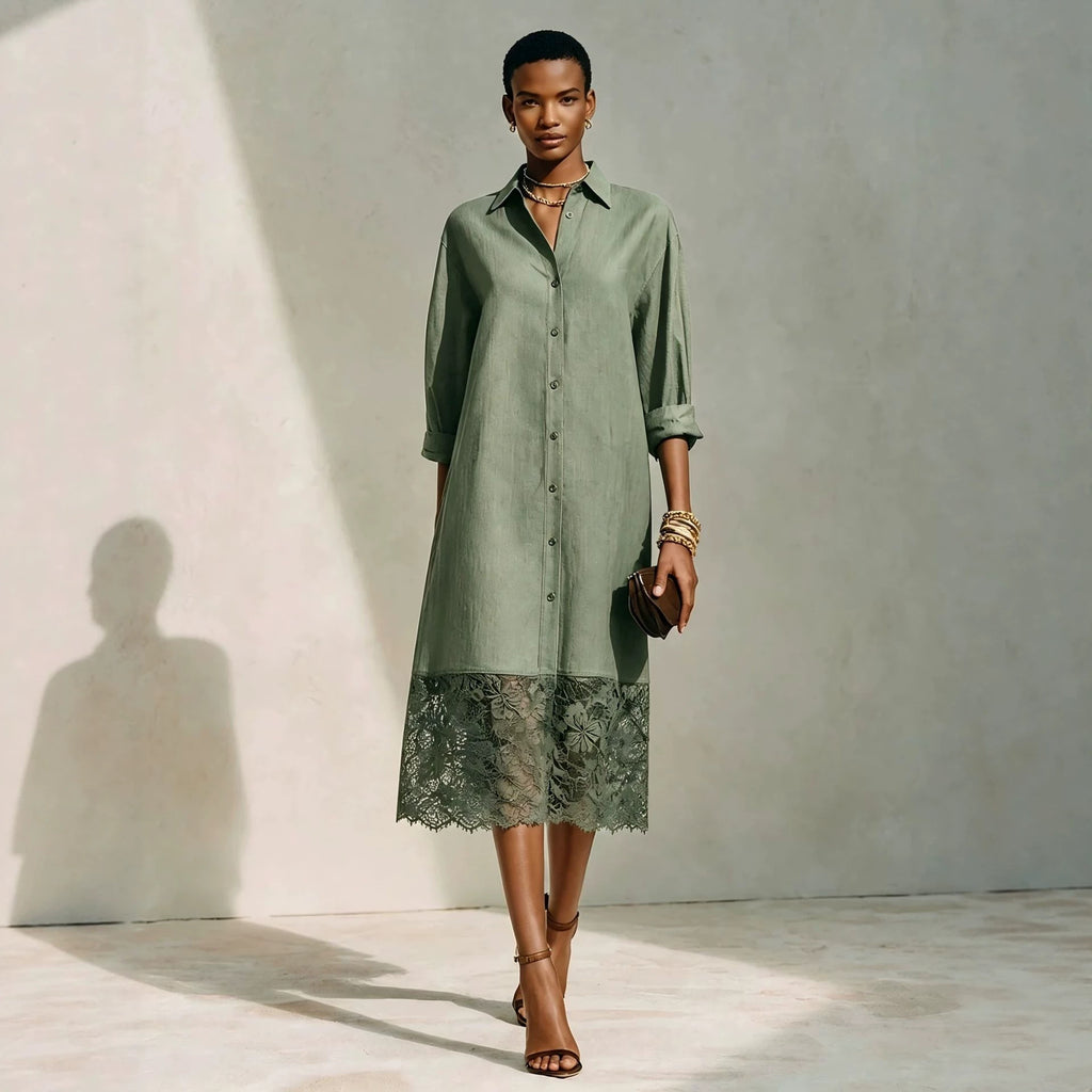 Women's Lace Lapel Oversized Casual Button Shirt Office Blouse